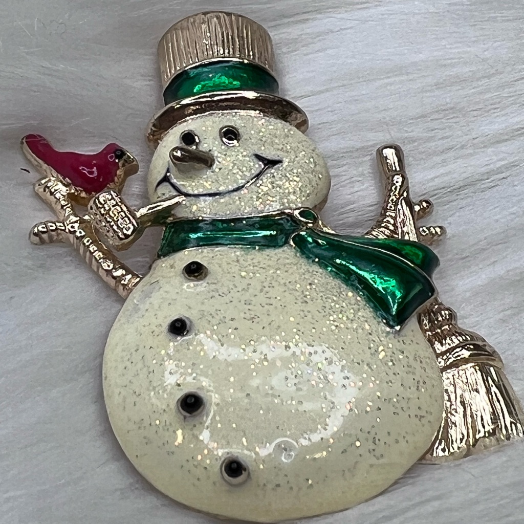 Vintage 1928 Snowman Cardinal Enamel Glitter Holiday Winter Gold Tone 2”X 1 1/2”